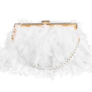 Chic White Faux Fur Clutch with Pearl Accent Strap Gold Chain Crossbody